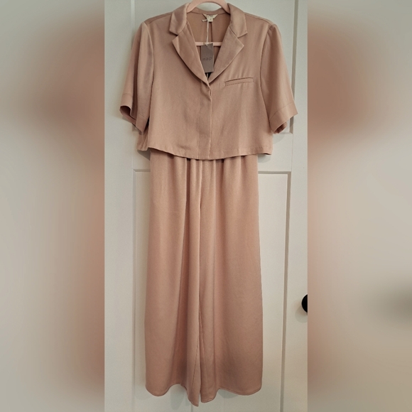 NWT Satin Cropped Shirt & Wide-Leg Pant Lounge Set (Misty Rose) - nap loungewear